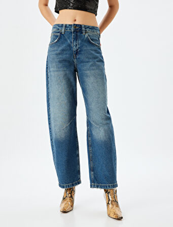 Koton X İnji - Bol Kalıp Dikiş Detaylı Düğmeli Cepli Pamuklu Balon Fit Kot Pantolon