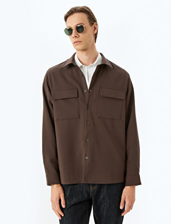 Kapaklı Cep Detaylı Düğmeli Uzun Kollu Gömlek