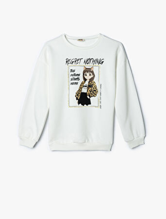 Sweatshirt Baskı Detaylı Bisiklet Yaka Uzun Kollu Şardonlu 