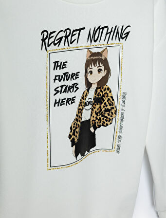 Sweatshirt Baskı Detaylı Bisiklet Yaka Uzun Kollu Şardonlu 