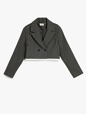 Kruvaze Yaka Uzun Kollu Düğme Detaylı Crop Blazer Ceket