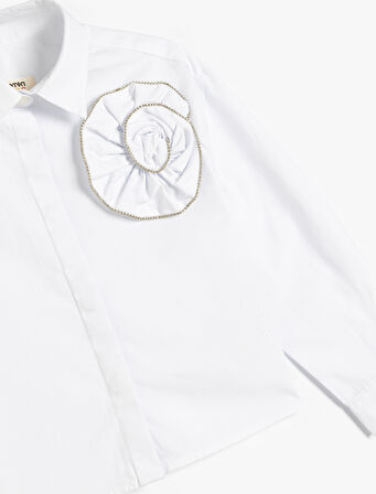 Çiçek Aplikeli Uzun Kollu Pamuklu Gömlek