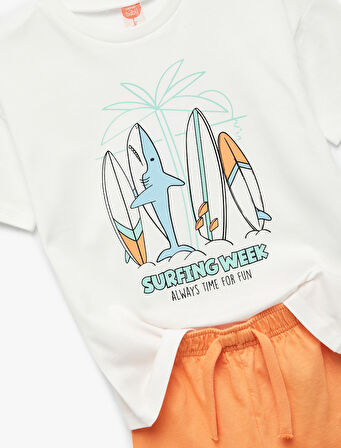 Baskılı Bisiklet Yaka Kısa Kollu Pamuklu Tişört ve Şort Seti