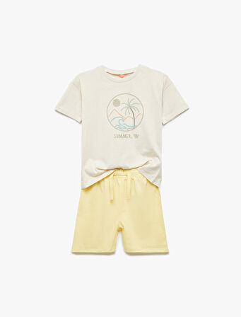 Baskılı Kısa Kollu Bisiklet Yaka Pamuklu Tişört ve Şort Seti
