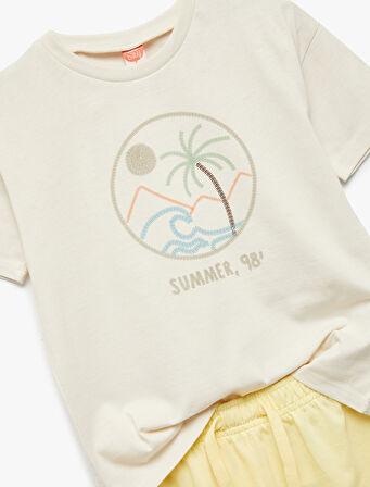 Baskılı Kısa Kollu Bisiklet Yaka Pamuklu Tişört ve Şort Seti