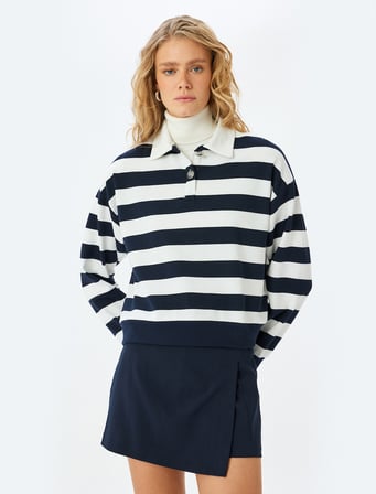 Polo Yaka Sweatshirt Üç İplik Şardonlu Düğmeli Uzun Kollu Rahat Kalıp