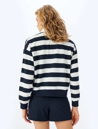 Polo Yaka Sweatshirt Üç İplik Şardonlu Düğmeli Uzun Kollu Rahat Kalıp