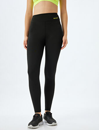 Spor Tayt Yüksek Bel Slogan Baskılı Slim Fit İnterlok