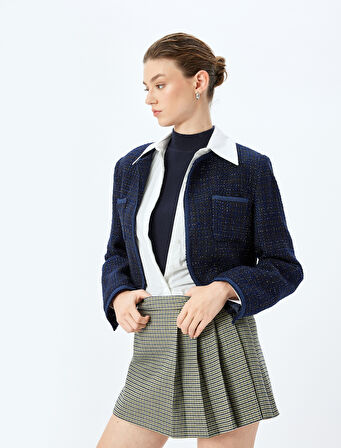 Biyeli Yuvarlak Yaka Crop Tüvit Ceket