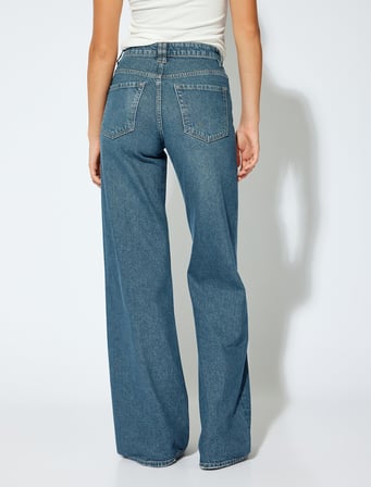 Bol Paça Kot Pantolon Normal Bel Straight Fit Düğmeli Cepli Pamuklu - Straight Fit Jeans