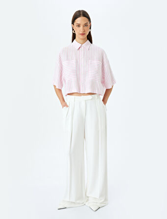 Cepli Kısa Kollu Çizgili Oversize Gömlek