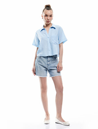 Kısa Kollu Cep Detaylı Klasik Yaka Crop Gömlek