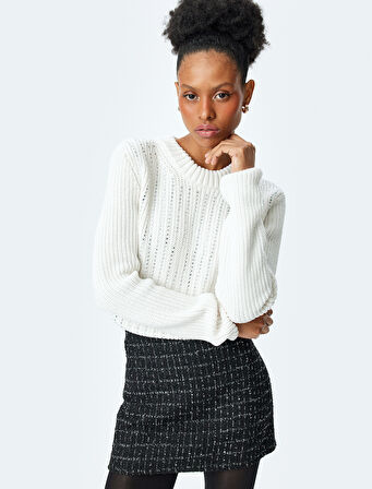 Uzun Kollu Bisiklet Yaka Taşlı Kazak