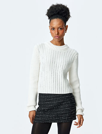 Uzun Kollu Bisiklet Yaka Taşlı Kazak