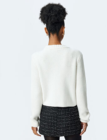 Uzun Kollu Bisiklet Yaka Taşlı Kazak