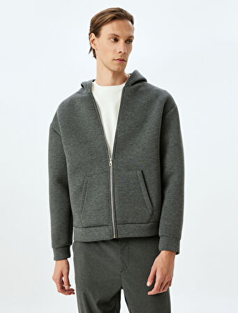 Kanguru Cepli Viskon Karışımlı Basic Fermuarlı Kapşonlu Sweatshirt