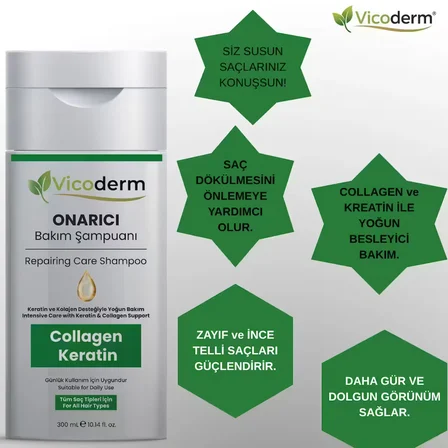 Vicoderm Collagen & Keratin Şampuan | Onarıcı Bakım, Saç Dökülmesine Karşı Etkili  300 ML