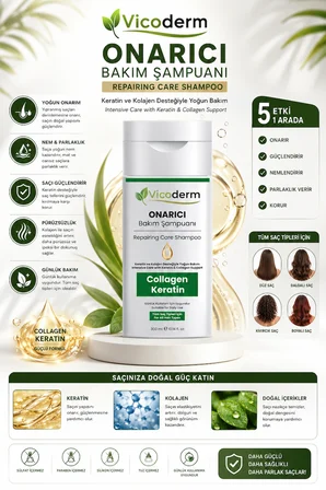 Vicoderm Collagen & Keratin Şampuan | Onarıcı Bakım, Saç Dökülmesine Karşı Etkili  300 ML