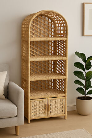 Dekoratif Hasır Kapaklı 5 Raflı Çok Amaçlı Kitaplık 