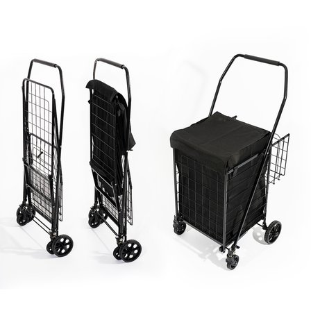 4 Tekerlekli 60 L Katlanabilir Kılıflı Pazar Arabası – 360° Dönebilen Metal İskeletli Siyah Alışveriş Arabası
