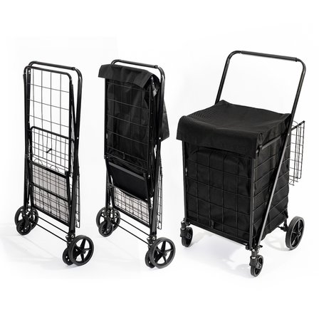 4 Tekerlekli 80 L Katlanabilir Kılıflı Pazar Arabası – 360° Dönebilen Metal İskeletli Siyah Alışveriş Arabası