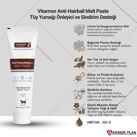 Vitarmor Anti-Hairball Malt Paste | Kedi Tüy Yumağı Önleyici Malt Macun