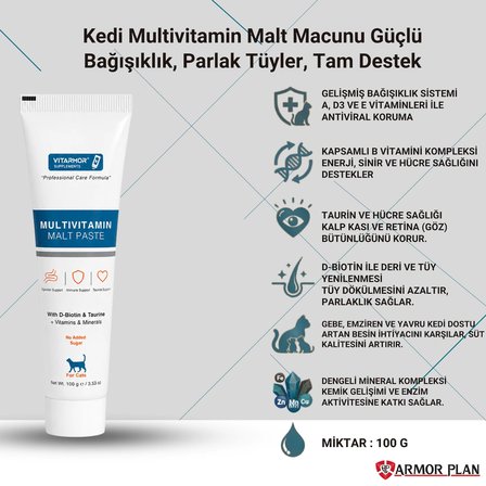 Vitarmor Multivitamin Malt Paste | Kedi Bağışıklık, Gelişim ve Deri-Tüy Sağlığı için Kapsamlı Formül
