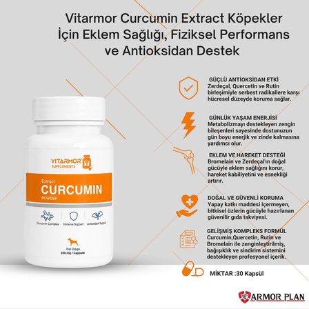 vitarmor curcumin extract dogs – köpekler i̇̇çin eklem sağlığı, fiziksel ve antioksidan destek 30 kapsül
