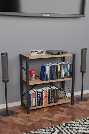 CMK Store Metal Kitaplık 3 Raflı Dekoratif Kitaplık TV Ünitesi Raf Atlantik Çam