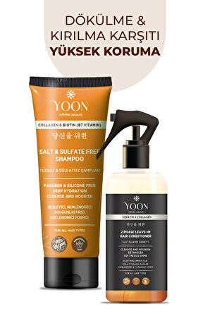 Vegan Tuzsuz Şampuan & Saç Bakım Spreyi 250ml, Keratin, Kolajen ve B7 Biotinli 2'li Besleyici Set