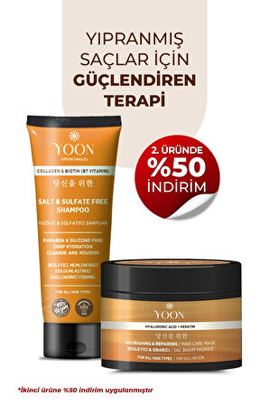 Vegan Tuzsuz Şampuan & Saç Bakım Maskesi 250ml, Hyaluronik Asit, Keratin, Kolajen ve Biotin 2'li Set