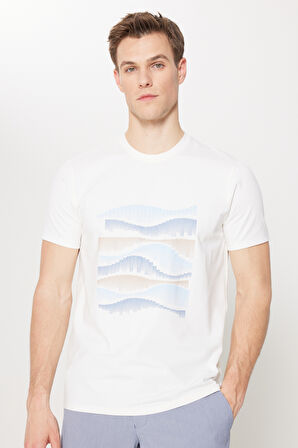 Slim Fit Dar Kesim Pamuklu Esnek Baskılı Bisiklet Yaka Tişört