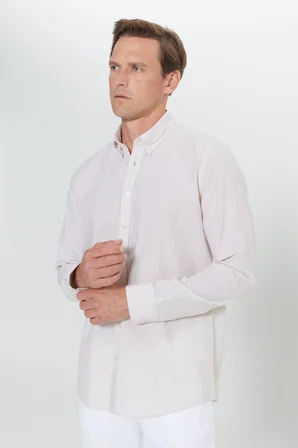 Slim Fit Dar Kesim Düğmeli Yaka %100 Pamuk Çizgili Gömlek