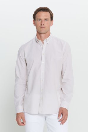 Slim Fit Dar Kesim Düğmeli Yaka %100 Pamuk Çizgili Gömlek