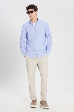 Slim Fit Dar Kesim Düğmeli Yaka %100 Pamuk Çizgili Gömlek