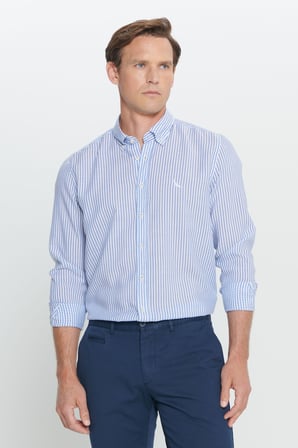 Slim Fit Dar Kesim Düğmeli Yaka %100 Pamuk Çizgili Gömlek