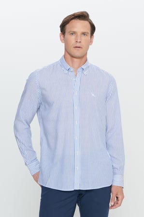 Slim Fit Dar Kesim Düğmeli Yaka %100 Pamuk Çizgili Gömlek