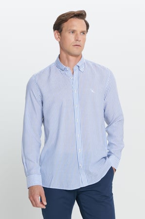 Slim Fit Dar Kesim Düğmeli Yaka %100 Pamuk Çizgili Gömlek