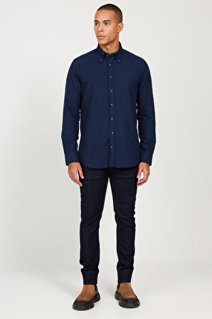 Slim Fit Dar Kesim Düğmeli Yaka Pamuklu Oxford Gömlek