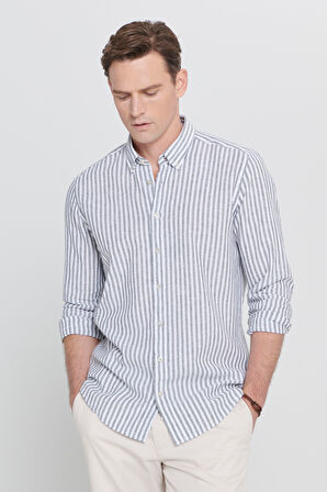 Slim Fit Dar Kesim Düğmeli Yaka Çizgili Keten Gömlek