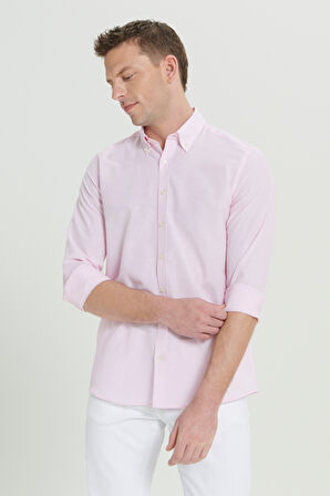 Slim Fit Dar Kesim Pamuklu Düğmeli Yaka Çizgili Gömlek
