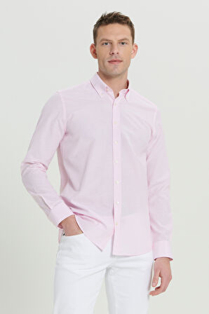Slim Fit Dar Kesim Pamuklu Düğmeli Yaka Çizgili Gömlek