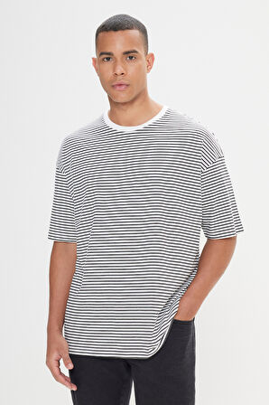 Oversize Bol Kesim %100 Pamuk Bisiklet Yaka Çizgili Tişört