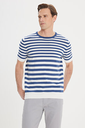 Slim Fit Dar Kesim %100 Pamuk Çizgili Bisiklet Yaka Triko Tişört