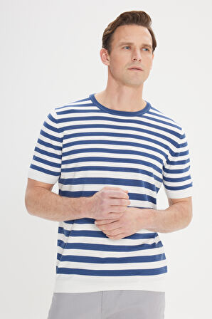 Slim Fit Dar Kesim %100 Pamuk Çizgili Bisiklet Yaka Triko Tişört