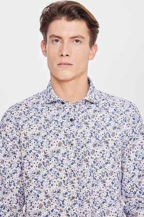 Pamuklu Slim Fit Dar Kesim Büyük İtalyan Yaka Baskılı Gömlek