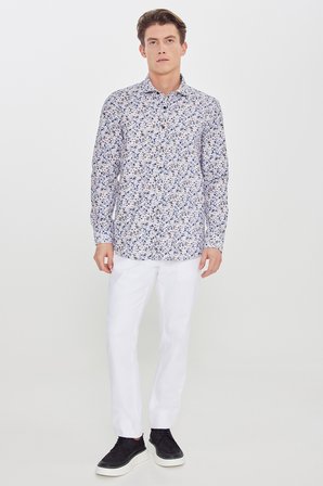 Pamuklu Slim Fit Dar Kesim Büyük İtalyan Yaka Baskılı Gömlek