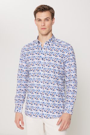 %100 Pamuk Slim Fit Dar Kesim Düğmeli Yaka Baskılı Gömlek