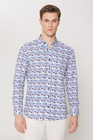 %100 Pamuk Slim Fit Dar Kesim Düğmeli Yaka Baskılı Gömlek
