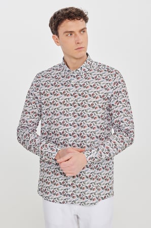 %100 Pamuk Slim Fit Dar Kesim Düğmeli Yaka Baskılı Gömlek